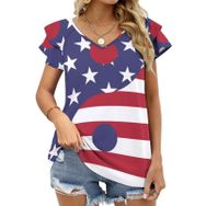 AILLOSA FLAG-53 V Yakalı Fırfırlı Baskılı Kısa Kollu Kadın T-shirt