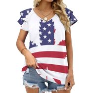 AILLOSA FLAG-55 V Yakalı Fırfırlı Baskılı Kısa Kollu Kadın T-shirt