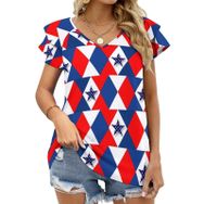 AILLOSA FLAG-57 V Yakalı Fırfırlı Baskılı Kısa Kollu Kadın T-shirt