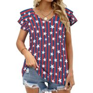 AILLOSA FLAG-59 V Yakalı Fırfırlı Baskılı Kısa Kollu Kadın T-shirt