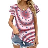 AILLOSA FLAG-60 V Yakalı Fırfırlı Baskılı Kısa Kollu Kadın T-shirt