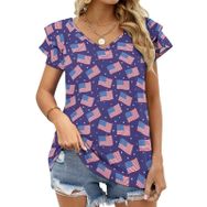AILLOSA FLAG-61 V Yakalı Fırfırlı Baskılı Kısa Kollu Kadın T-shirt