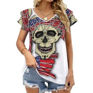 AILLOSA FLAG-62 V Yakalı Fırfırlı Baskılı Kısa Kollu Kadın T-shirt