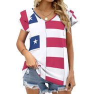 AILLOSA FLAG-63 V Yakalı Fırfırlı Baskılı Kısa Kollu Kadın T-shirt