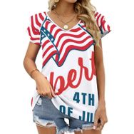 AILLOSA FLAG-65 V Yakalı Fırfırlı Baskılı Kısa Kollu Kadın T-shirt