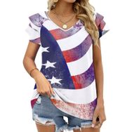AILLOSA FLAG-66 V Yakalı Fırfırlı Baskılı Kısa Kollu Kadın T-shirt