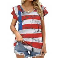 AILLOSA FLAG-67 V Yakalı Fırfırlı Baskılı Kısa Kollu Kadın T-shirt