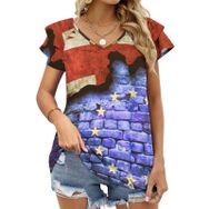 AILLOSA FLAG-68 V Yakalı Fırfırlı Baskılı Kısa Kollu Kadın T-shirt