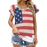 AILLOSA FLAG-70 V Yakalı Fırfırlı Baskılı Kısa Kollu Kadın T-shirt