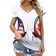 AILLOSA FLAG-71 V Yakalı Fırfırlı Baskılı Kısa Kollu Kadın T-shirt