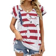AILLOSA FLAG-72 V Yakalı Fırfırlı Baskılı Kısa Kollu Kadın T-shirt