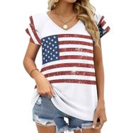 AILLOSA FLAG-73 V Yakalı Fırfırlı Baskılı Kısa Kollu Kadın T-shirt