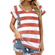 AILLOSA FLAG-75 V Yakalı Fırfırlı Baskılı Kısa Kollu Kadın T-shirt