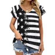 AILLOSA FLAG-76 V Yakalı Fırfırlı Baskılı Kısa Kollu Kadın T-shirt