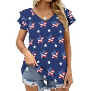 AILLOSA FLAG-77 V Yakalı Fırfırlı Baskılı Kısa Kollu Kadın T-shirt