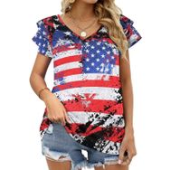 AILLOSA FLAG-79 V Yakalı Fırfırlı Baskılı Kısa Kollu Kadın T-shirt
