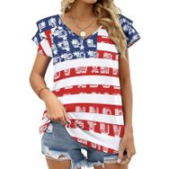 AILLOSA FLAG-80 V Yakalı Fırfırlı Baskılı Kadın T-shirt