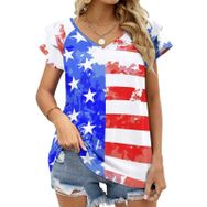 AILLOSA FLAG-81 V Yakalı Fırfırlı Baskılı Kadın T-shirt