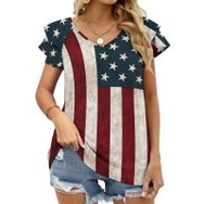 AILLOSA FLAG-82 V Yakalı Fırfırlı Baskılı Kadın T-shirt