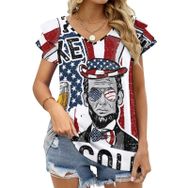 AILLOSA FLAG-83 V Yakalı Fırfırlı Baskılı Kadın T-shirt