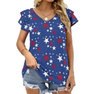 AILLOSA FLAG-85 V Yakalı Fırfırlı Baskılı Kadın T-shirt