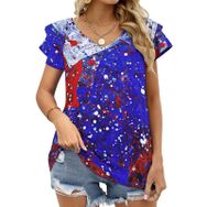 AILLOSA FLAG-86 V Yakalı Fırfırlı Baskılı Kadın T-shirt