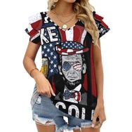 AILLOSA FLAG-87 V Yakalı Fırfırlı Baskılı Kadın T-shirt