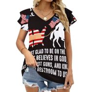 AILLOSA FLAG-88 V Yakalı Fırfırlı Baskılı Kadın T-shirt