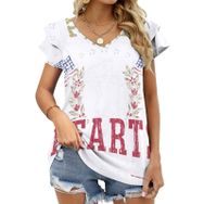 AILLOSA FLAG-89 V Yakalı Fırfırlı Baskılı Kadın T-shirt