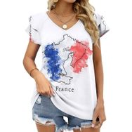 AILLOSA FLAG-91 V Yakalı Fırfırlı Baskılı Kadın T-shirt