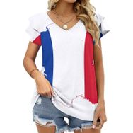 AILLOSA FLAG-92 V Yakalı Fırfırlı Baskılı Kadın T-shirt