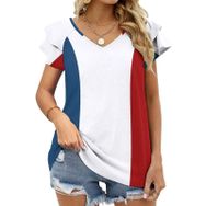 AILLOSA FLAG-94 V Yakalı Fırfırlı Baskılı Kadın T-shirt