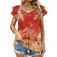 AILLOSA FLAG-95 V Yakalı Fırfırlı Baskılı Kadın T-shirt