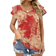 AILLOSA FLAG-99 V Yakalı Fırfırlı Baskılı Kadın T-shirt