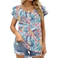 AILLOSA GFY01 Tamamı Baskılı Fırfırlı Kısa Kollu V Yakalı Kadın T-shirt