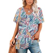 AILLOSA GFY01 Tamamı Baskılı V Yaka Kısa Kollu Kadın T-shirt