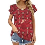 AILLOSA GFY02 Tamamı Baskılı Fırfırlı Kısa Kollu V Yakalı Kadın T-shirt