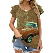 AILLOSA GFY04 Tamamı Baskılı Fırfırlı Kısa Kollu V Yakalı Kadın T-shirt