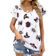 AILLOSA GFY08 Tamamı Baskılı Fırfırlı Kısa Kollu V Yakalı Kadın T-shirt