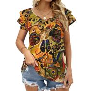 AILLOSA GFY09 Tamamı Baskılı Fırfırlı Kısa Kollu V Yakalı Kadın T-shirt
