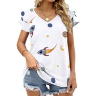 AILLOSA GFY10 Tamamı Baskılı Fırfırlı Kısa Kollu V Yakalı Kadın T-shirt