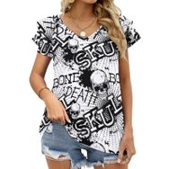 AILLOSA GFY19 Tamamı Baskılı Fırfırlı Kısa Kollu V Yakalı Kadın T-shirt