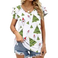 AILLOSA GFY21 Tamamı Baskılı Fırfırlı Kısa Kollu V Yakalı Kadın T-shirt