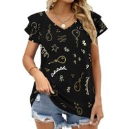 AILLOSA GFY22 Tamamı Baskılı Fırfırlı Kısa Kollu V Yakalı Kadın T-shirt
