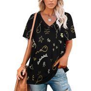 AILLOSA GFY22 Tamamı Baskılı V Yaka Kısa Kollu Kadın T-shirt