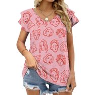 AILLOSA GFY25 Tamamı Baskılı Fırfırlı Kısa Kollu V Yakalı Kadın T-shirt