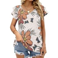 AILLOSA GFY28 Tamamı Baskılı Fırfırlı Kısa Kollu V Yakalı Kadın T-shirt