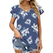 AILLOSA GFY29 Tamamı Baskılı Fırfırlı Kısa Kollu V Yakalı Kadın T-shirt