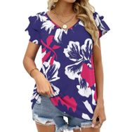 AILLOSA GFY30 Tamamı Baskılı Fırfırlı Kısa Kollu V Yakalı Kadın T-shirt