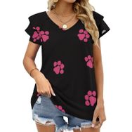 AILLOSA GFY36 Tamamı Baskılı Fırfırlı Kısa Kollu V Yakalı Kadın T-shirt